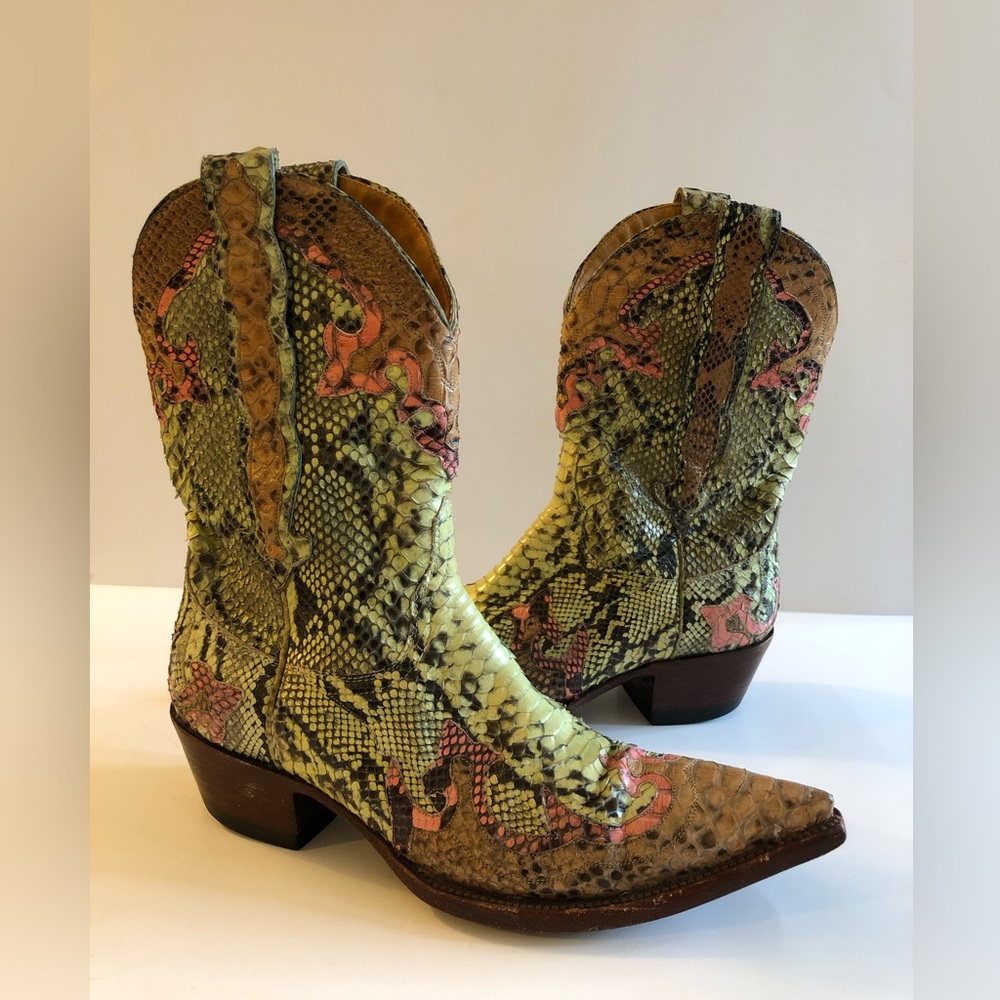 Old Gringo Green Pink Snake-Print Heeled Cowboy Boots